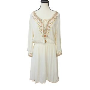 J Lee Boho Embroidered Tassel Tie Gauze Mini Dress Cream Plus Size 1X